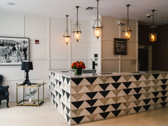 Marble reception counter in a corporate lobby