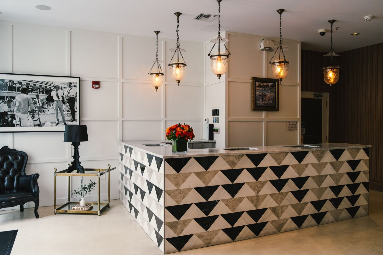 Marble reception counter in a corporate lobby