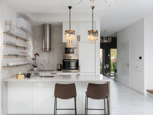 Office pantry with modern countertops