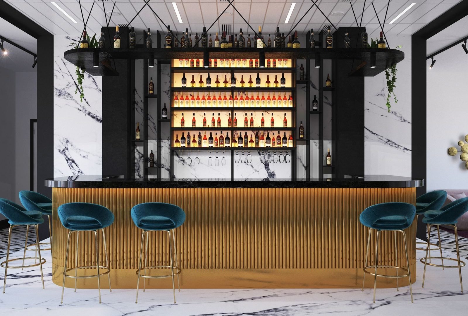 Marble bar counter in a restaurant interior